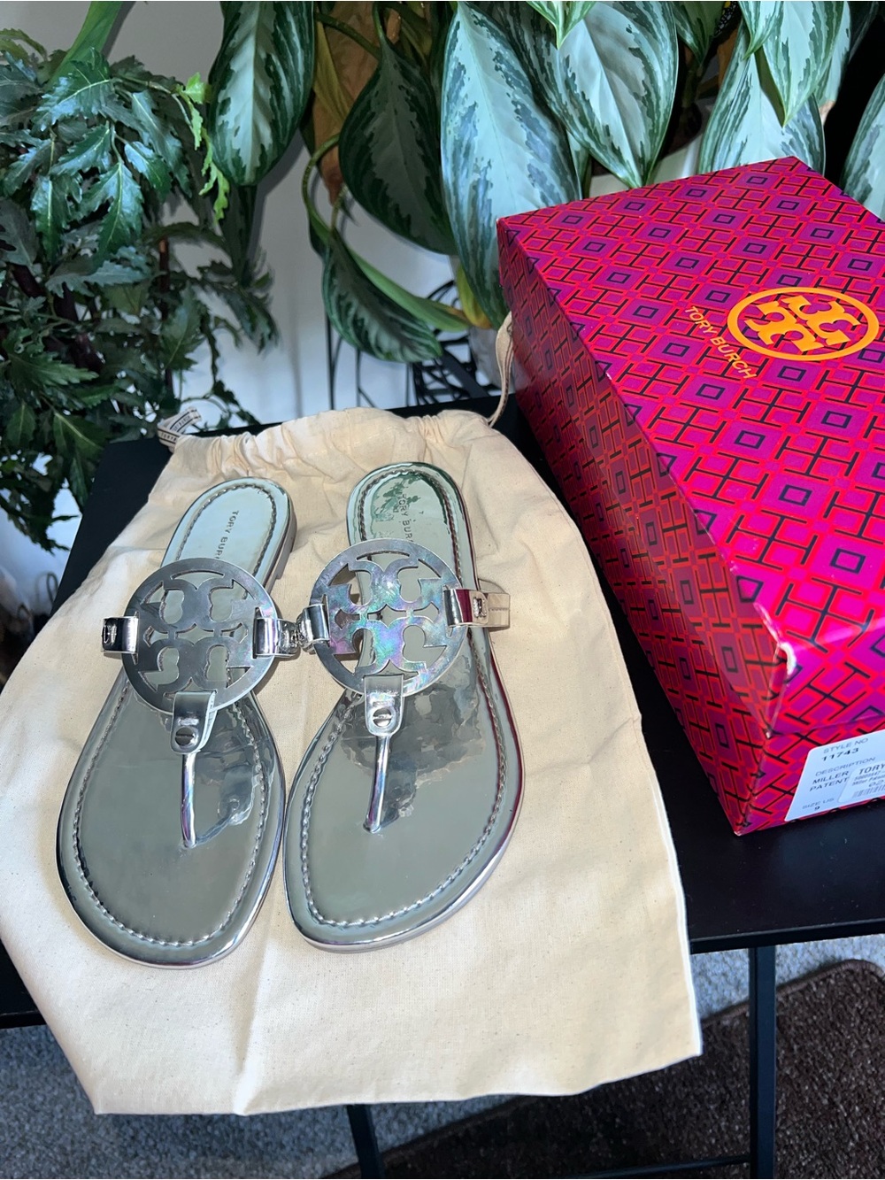 Tory Burch Silver Metallic Logo Thong Sandals